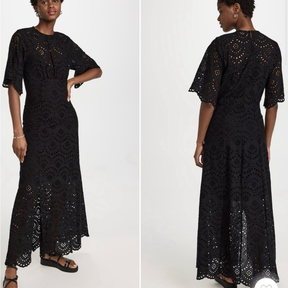 Natalie Martin Black Eyelet Lace Maxi Dress with Flutter Sleeves